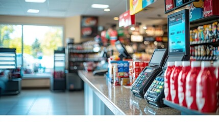 Convenience store counter with payment terminal, snacks, and drinks