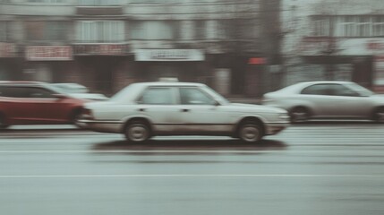 Blurred motion of cars on a rainy street, showcasing urban life and dynamic movement
