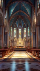 Fototapeta premium Tranquil church interior bathed in light