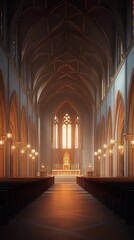 Tranquil church interior bathed in sunlight