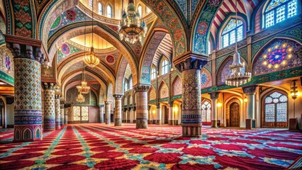 Obraz premium Aromatic prayer carpet in a grand mosque hall with intricate arches and colorful tiles, grandeur, prayer