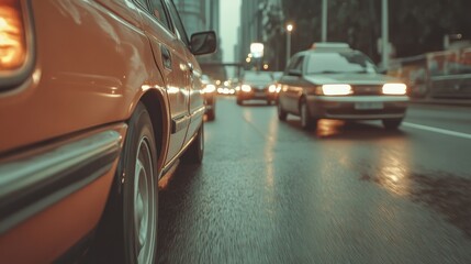 Busy urban street scene with yellow taxi in focus, rain-soaked road reflecting city lights