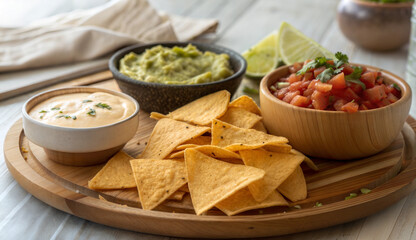Tortilla chips with salsa, guacamole, and cheese dip
