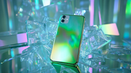 A vibrant smartphone resting on colorful ice cubes, reflecting light in a futuristic setting