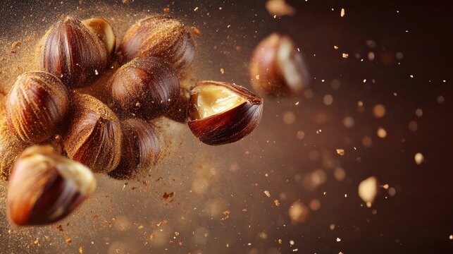 Flying roasting chestnuts with spice dust mid-air