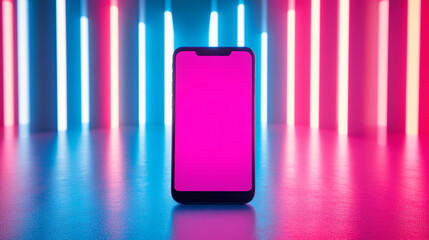 Smartphone with a blank screen illuminated by vibrant pink and blue neon lights in a modern setting