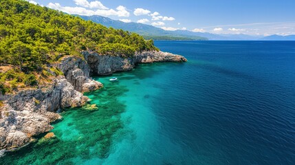 Obraz premium Aerial View of a Rocky Coastline Leading to a Clear Blue Sea with Lush Green Trees