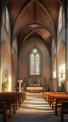 Fototapeta premium Sunlit church interior, peaceful scene