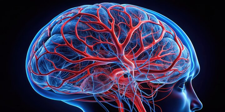 Intricately detailed image of the brain's vascular system highlighting the pulsatile blood flow through the cerebral arteries and veins , cerebral blood flow , anatomy