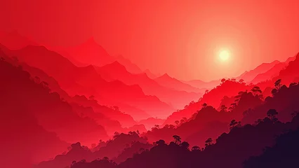 Fototapete Rund Red Sunset Mountain Landscape Panorama - Minimalist landscapes © Narong