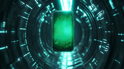 Futuristic smartphone surrounded by glowing digital elements in a high-tech tunnel, showcasing innovation