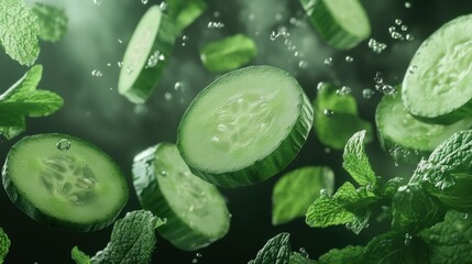Flying Slices of Fresh Cucumbers with Mint Leaves