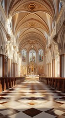 Sunlit church aisle, serene and grand.