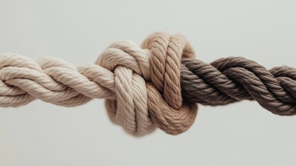 Close-up of interwoven ropes creating a complex knot against a neutral background