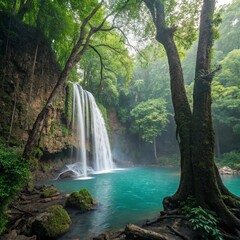 Fototapeta premium Beautiful deep forest waterfall, blue water.