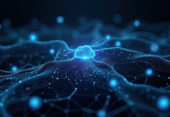 Abstract digital landscape with glowing checkmarks, representing data security, quality assurance, or successful verification.