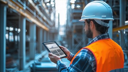 Construction worker using tablet in modern warehouse setting for project monitoring and planning in industrial environment