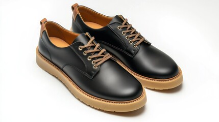 Fototapeta premium Black leather derby shoes with tan sole.