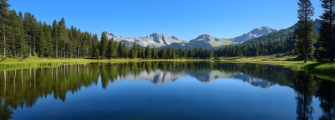 Fototapeta premium A peaceful mountain lake surrounded by towering pines, reflecting the clear blue sky