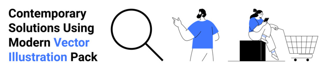 Magnifying glass highlights search, man gestures while explaining, woman uses phone near a cart. Ideal for e-commerce, navigation, teamwork, research, shopping, digital solutions flat landing page