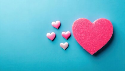 Obraz premium Pink Hearts on Blue: A large pink heart takes center stage, surrounded by smaller pink and white hearts, creating a charming and romantic composition against a vibrant blue background. 