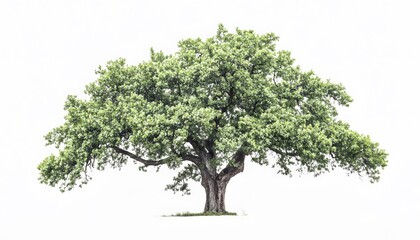 A large green tree stands alone against a white background