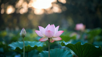 Obraz premium Lotus flowers blooming in the pond in summer