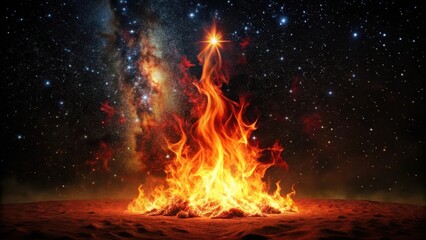 Nighttime scene with a large red flame on a black background, surrounded by darkness and stars, creating a sense of grandeur and majesty, red flame, black background