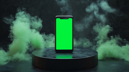 Smartphone on a circular pedestal surrounded by green smoke in a dark environment, showcasing a blank screen