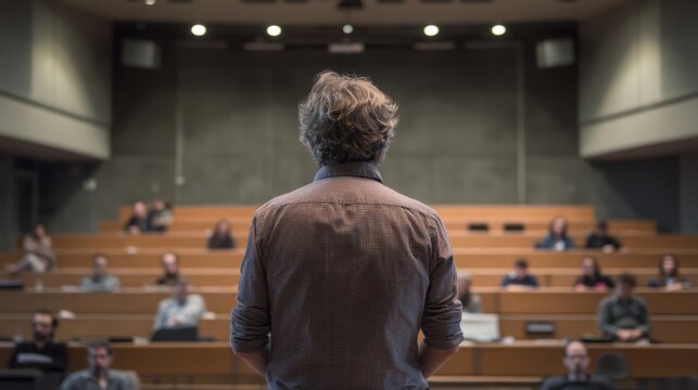 Engaging lecturer addressing attentive audience in modern classroom setting with focused students