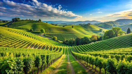 Fototapeta premium Serene rolling hills of a European vineyard with lush greenery and grapevines stretching towards the sky amidst clear blue skies, landscape, countryside