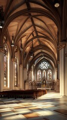 Fototapeta premium Sunlit church interior with stained glass