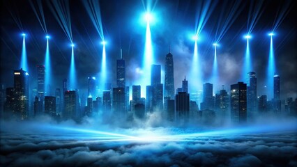 Mysterious fog rolling in on a darkened cityscape with bright spotlight beams cutting through it on a black background illuminated by blue neon lights , fog, misty weather