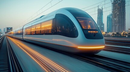 Naklejka premium High-Speed Train: Futuristic City Travel, Modern Railway System, Urban Transportation, Dynamic Motion, Efficient Journey, Technological Innovation