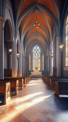 Fototapeta premium Sunlit church aisle, serene and calm.