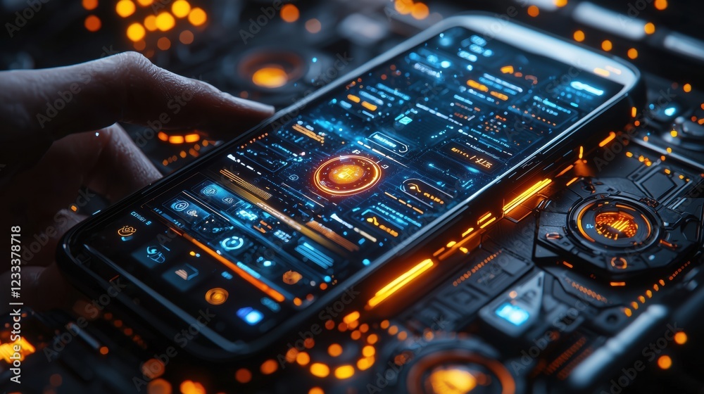Poster futuristic smartphone display with glowing user interface on a technology-themed background featurin