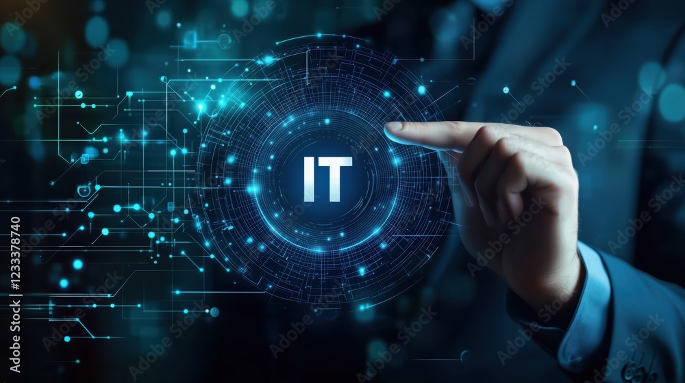 Poster Hand Reaching to Touch Digital Interface with IT Technology Text in Futuristic Environment Using Advanced User Interface Design
