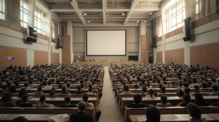 Large audience attending a conference in a spacious auditorium with a presentation on screen