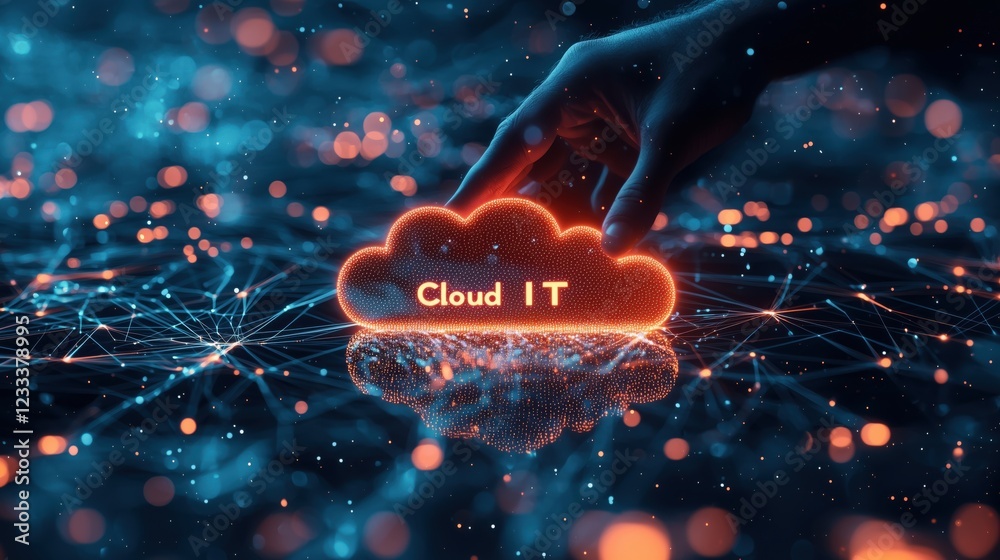 Poster digital representation of a hand touching a glowing cloud symbolizing cloud it technology amidst abs