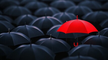 A vibrant red umbrella stands out among a sea of black umbrellas in a rainy urban setting