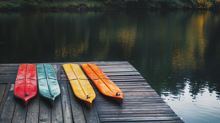 Colorful kayaks resting on a wooden dock by a serene lake surrounded by autumn foliage