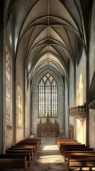 Fototapeta premium Sunlit church aisle, serene and calm.