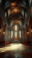 Fototapeta premium Sunlit sanctuary, church interior