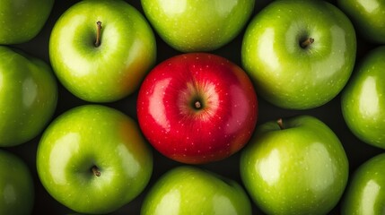 A vibrant arrangement of red and green apples on a dark surface, highlighting the contrast in color