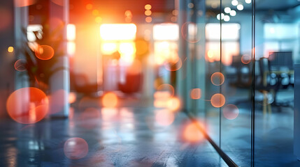 Fototapeta premium A modern office space with sunlight and blurred bokeh effects in a professional environment.