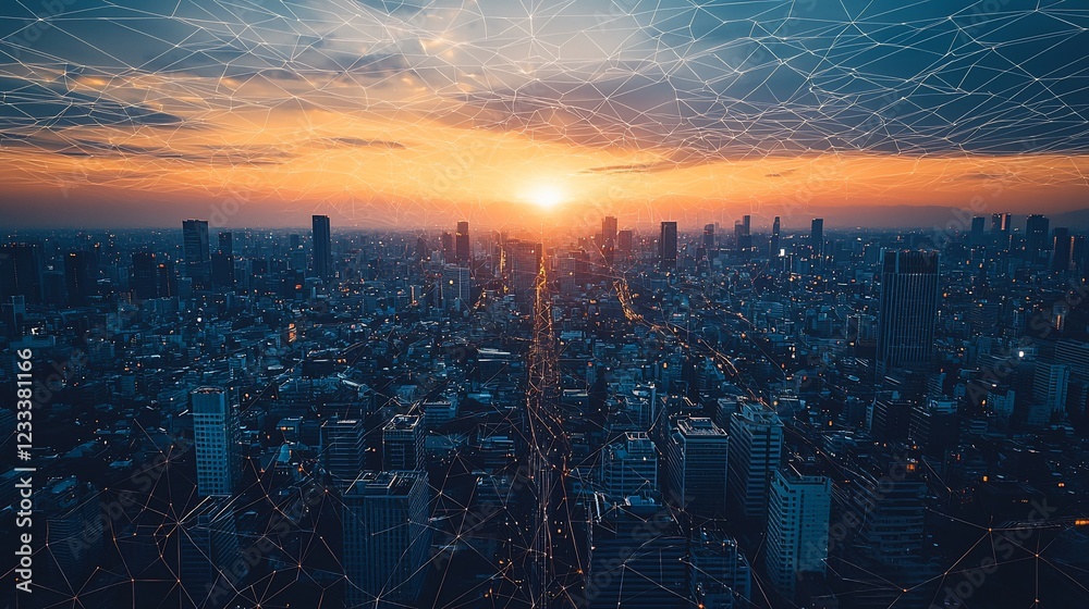 Poster sunset over a connected cityscape network