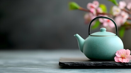 Teal teapot, spring blossoms, table, calm background; tea ceremony