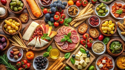 Fototapeta premium Delicious Buffet with Antipasti Display, fruits, spread, fruits, spread, antipasti, table, plates ,buffet, food