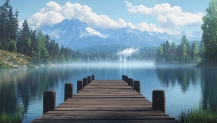 Naklejka premium Serene lake with wooden dock, mountains, and misty forest.
