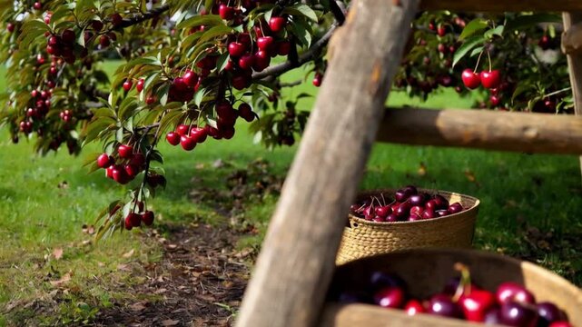 A wooden ladder leaning against a cherry tree, bucket filled with cherries nearby, rustic and nostalgic